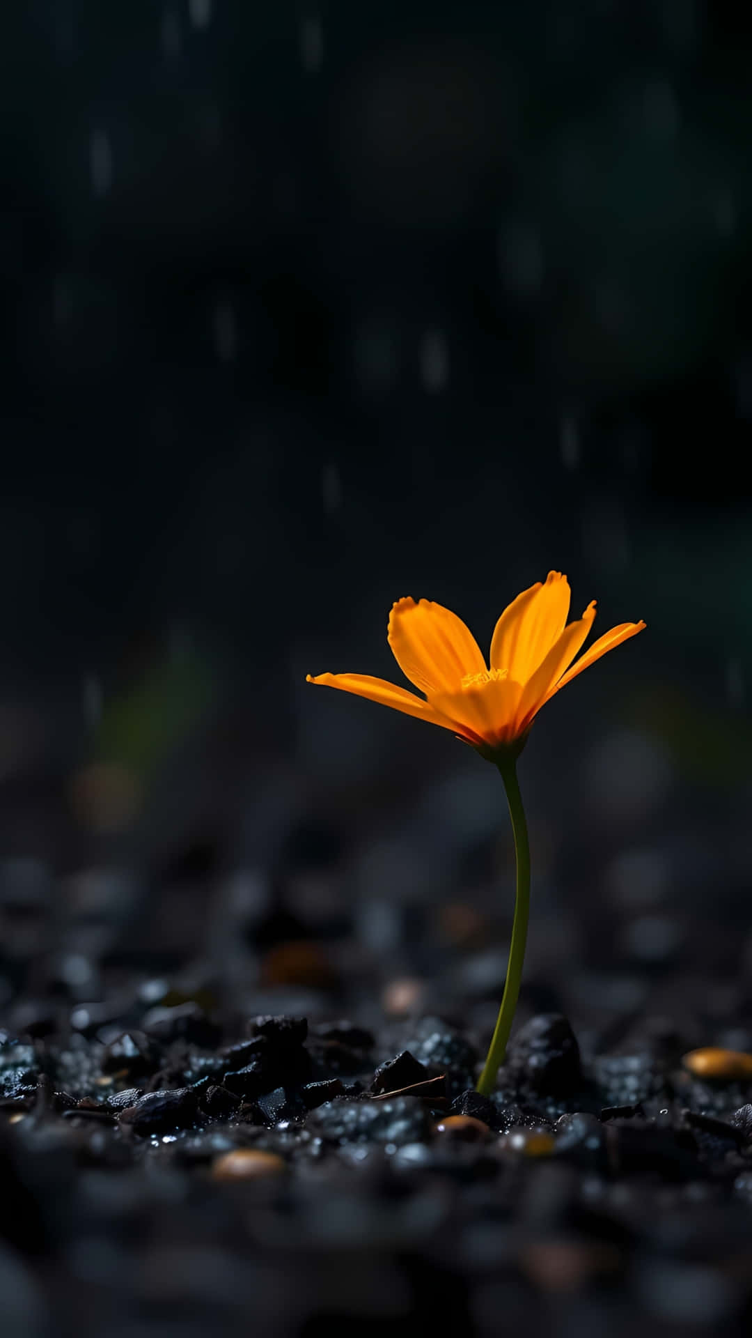 Beautiful Orange Flower Blooming in Rain 壁紙 — 一朵鮮豔的橙色花朵從潮濕的深色礫石中頑強綻放，雨水在陰鬱的夜晚環境中落下。