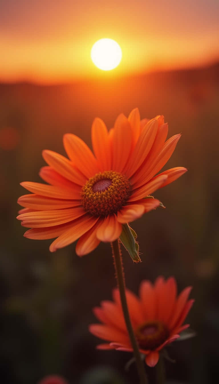 Flower 壁紙 — 一朵鮮豔的橙色雛菊在前景盛開，背景是發光的日落和柔和的模糊山丘。