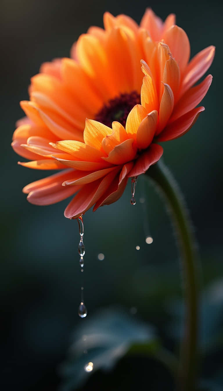 Flower 壁紙 — 一朵鮮豔的橙色非洲菊雛菊，水滴從花瓣上傾瀉而下，背景是深色模糊的。