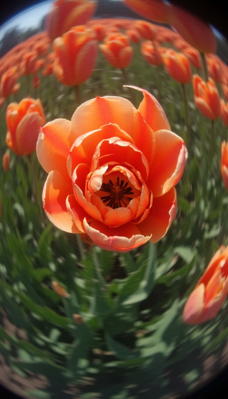Flower 壁紙 — 一朵鮮豔的橙色鬱金香在魚眼鏡頭拍攝的中心盛開，周圍環繞著一片在明亮日光下旋轉的相似花朵。
