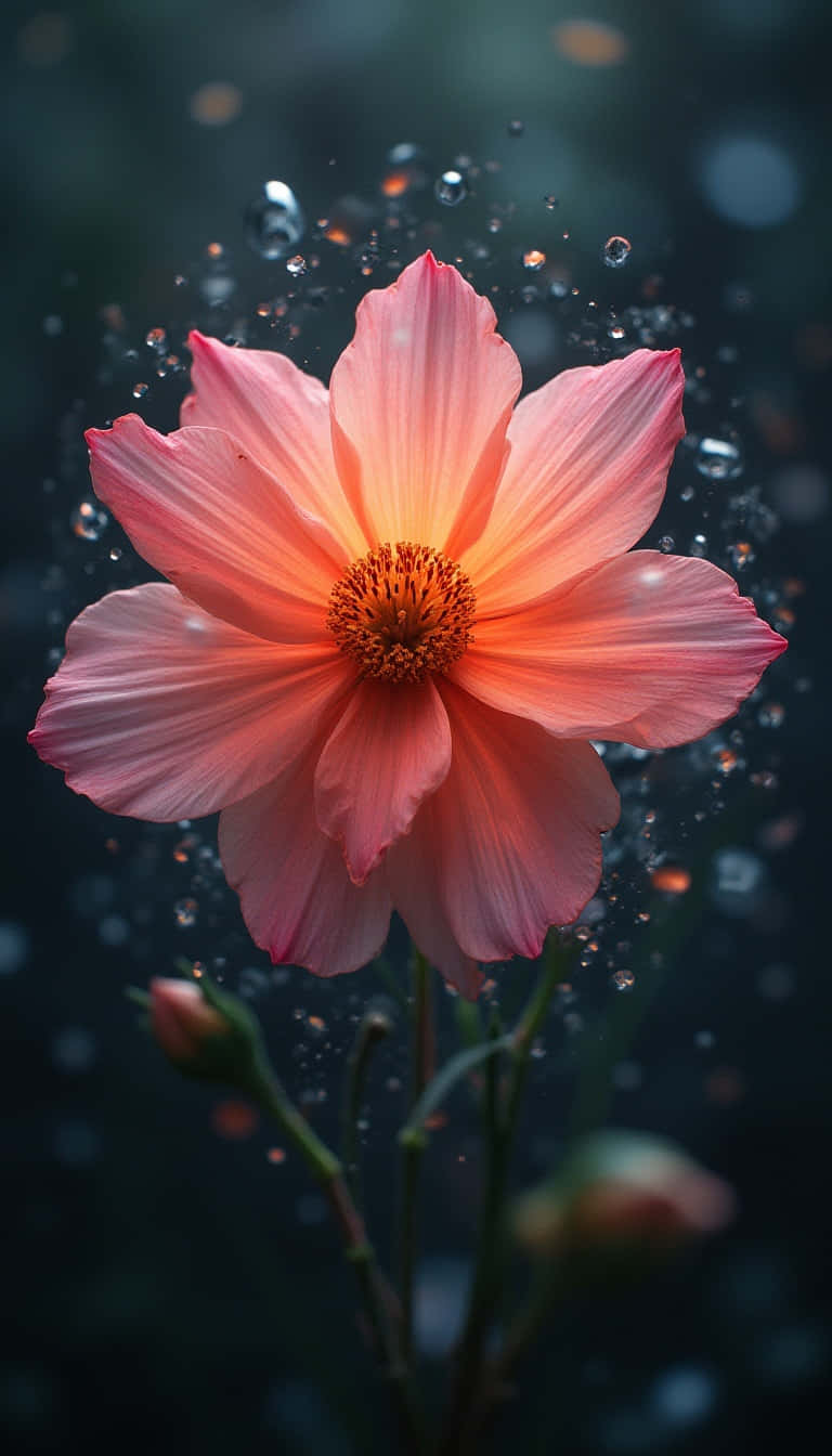 Flower 壁紙 — 一朵鮮豔的珊瑚花在水下盛開，光線穿過懸浮的水滴，映襯在黑暗的背景上。