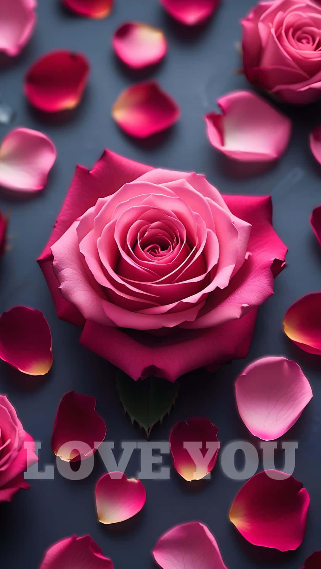 Love You in Rose Petals – Romantic Message Wallpaper 壁紙 — 一朵鮮豔的粉紅玫瑰，散落的花瓣放在深色表面上，並覆蓋著love you的文字。