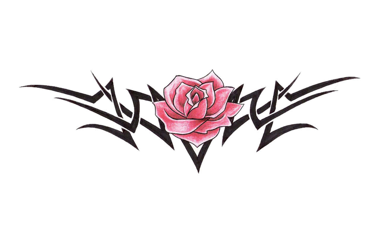 1280x768 Rose 桌布 壁紙 — 一朵鮮豔的粉紅玫瑰，置於大膽的黑色部落風格斜線之間，背景為純白色。