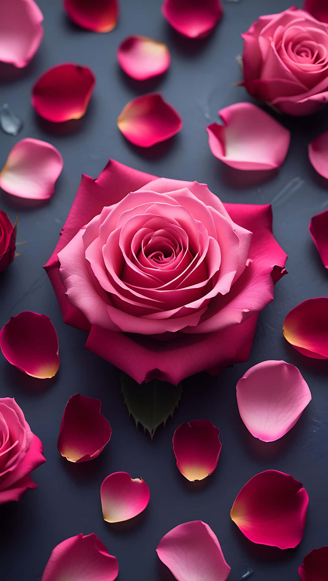 Love You in Rose Petals – Romantic Message. smartphone wallpaper 壁紙 — 一朵鮮豔的粉紅玫瑰，花瓣細膩，位於深色紋理表面上散落的玫瑰花瓣中央。