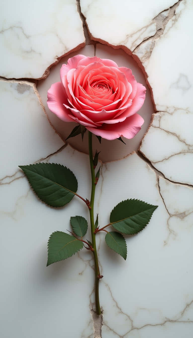 Flower 壁紙 — 一朵鮮豔的粉紅玫瑰穿過白色大理石表面的裂縫綻放，其綠色莖和葉向下延伸。