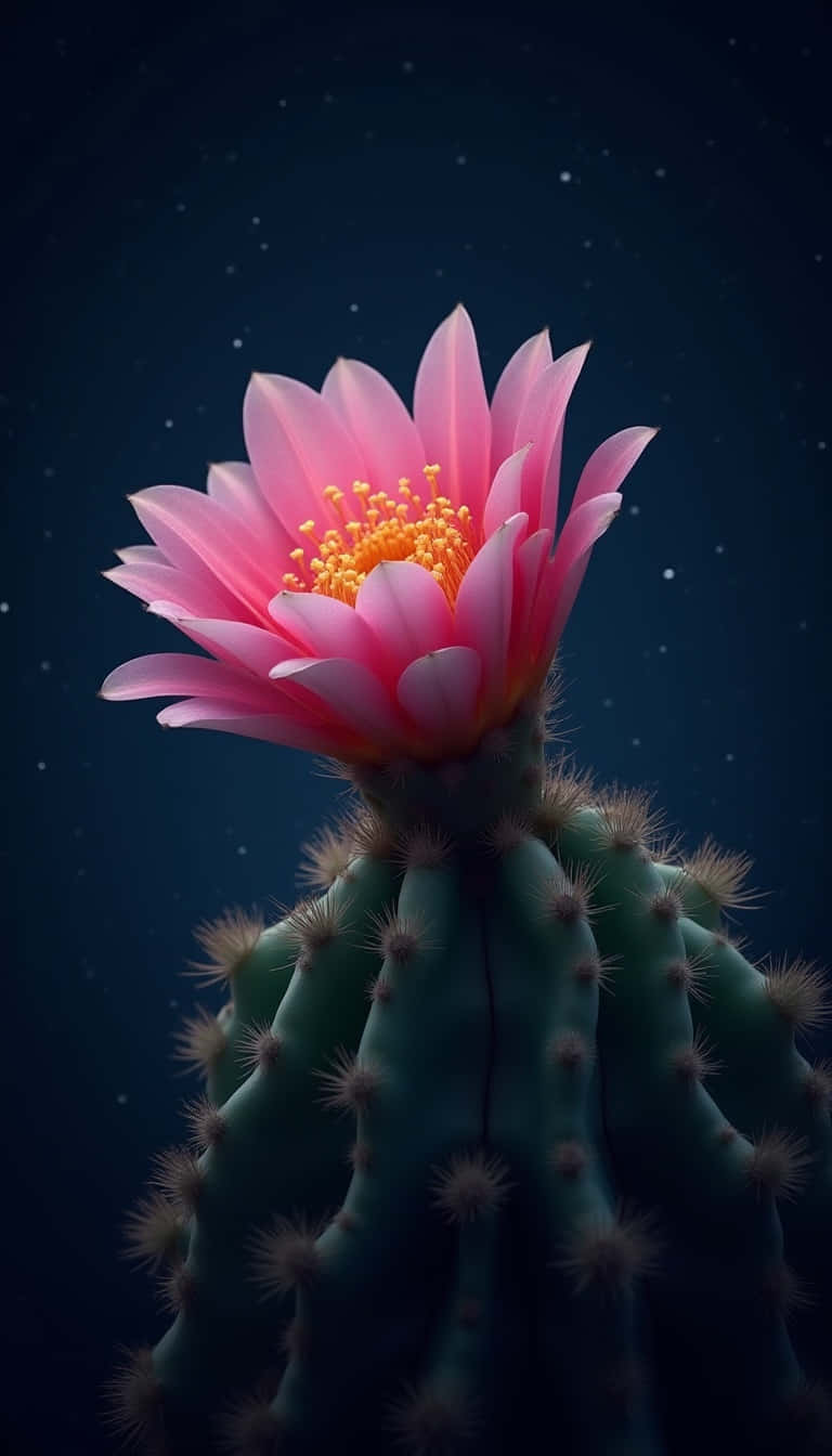 Flower 壁紙 — 一朵鮮豔的粉紅色仙人掌花在佈滿星星的深藍色夜空下，盛開在多刺的綠色仙人掌頂端。