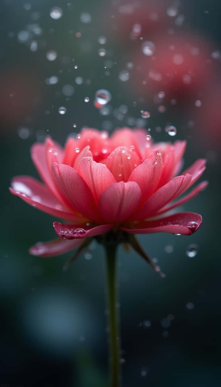 Flower 壁紙 — 一朵鮮豔的粉紅色大麗花在黑暗模糊的背景中綻放，露珠懸浮在半空中。