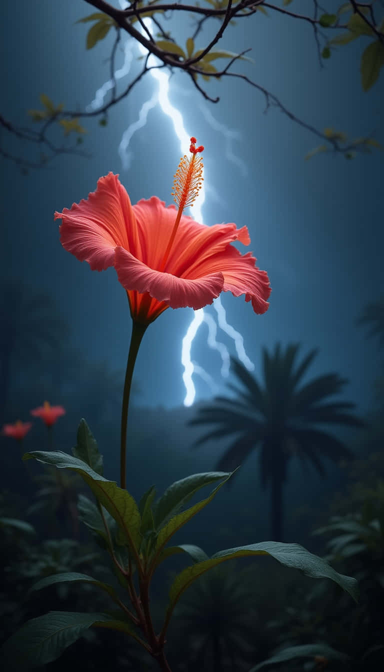 花卉 桌布 壁紙 — 一朵鮮豔的粉紅色木芙蓉在閃電劃破暴風雨叢林樹冠時， defiantly 綻放。
