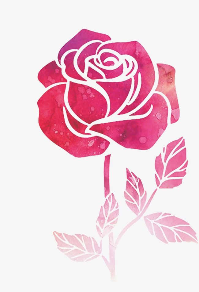 Rose Symbol 桌布 壁紙 — 一朵鮮豔的粉紅色水彩玫瑰，帶有白色輪廓和精緻的葉子，在柔軟的白色背景上。