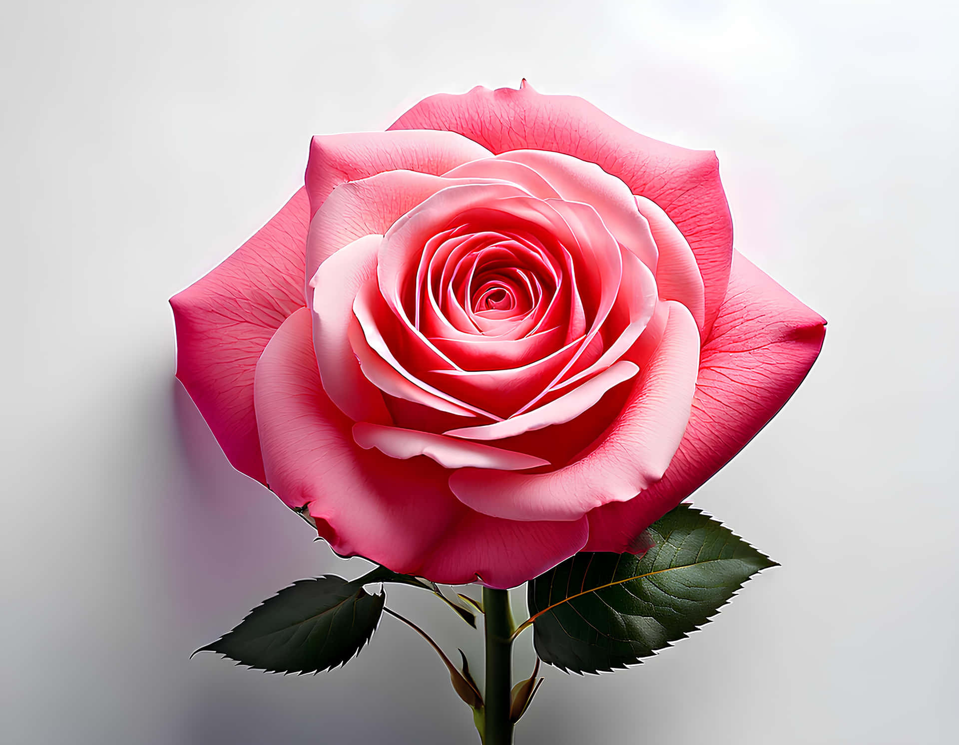 Pink Rose 壁紙 — 一朵鮮豔的粉紅色玫瑰，花瓣層層疊疊，葉子深綠色，襯托在柔和的白色背景上。
