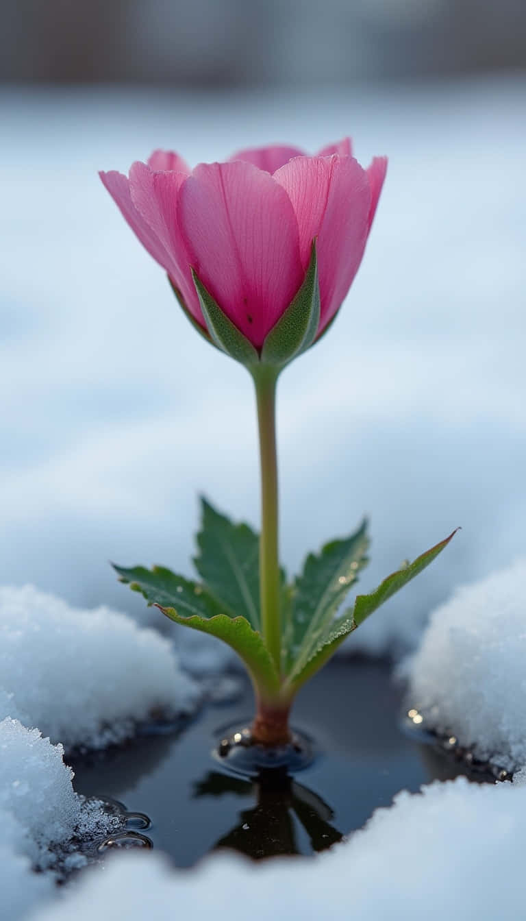 Flower 壁紙 — 一朵鮮豔的粉紅色花朵從融雪中頑強綻放，並有清澈的水面倒影。