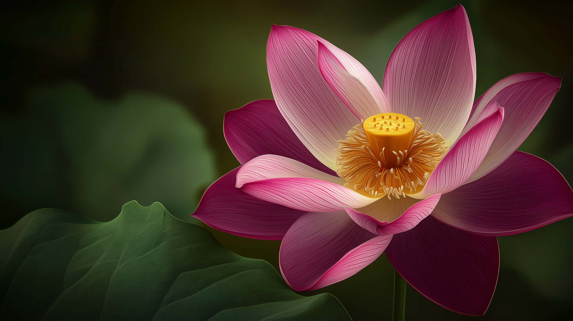 Vibrant Pink Lotus Bloom with Green Leaves Close-Up 壁紙 — 一朵鮮豔的粉紅色蓮花，帶有金色花心，在深綠色葉子背景中盛開。