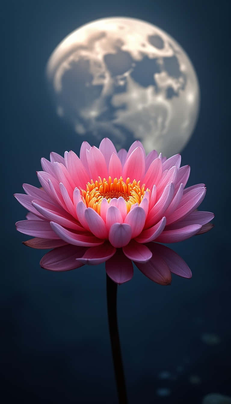 Flower 壁紙 — 一朵鮮豔的粉紅色蓮花在深水中盛開，背後有一輪巨大且細節豐富的月亮柔和地發光。