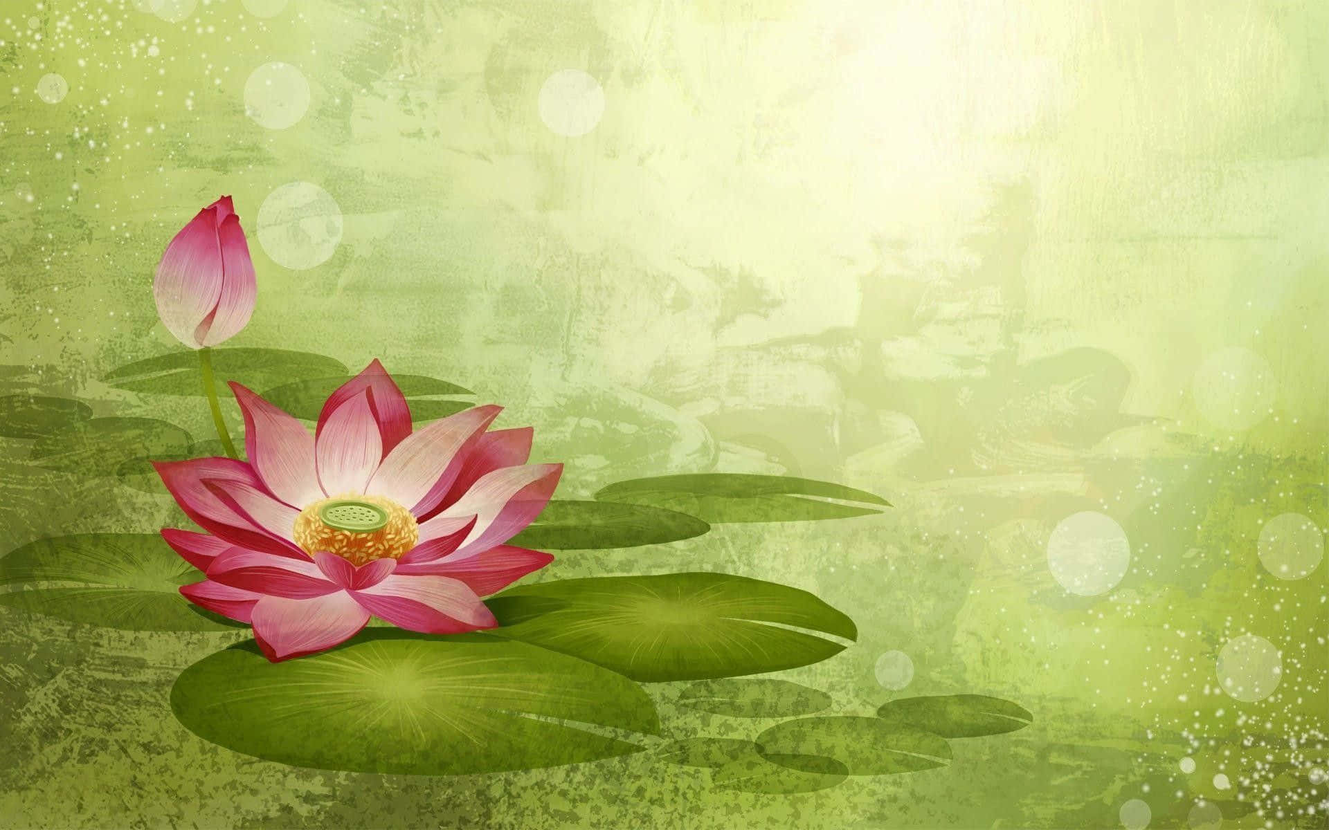 lotus 桌布 壁紙 — 一朵鮮豔的粉紅色蓮花在綠色睡蓮葉上優雅綻放，背景是柔和的紋理綠色和散景燈光。
