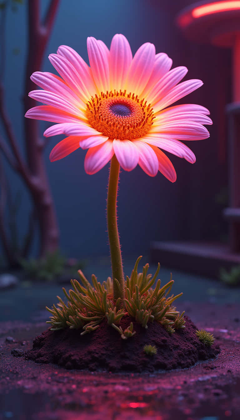 花卉 桌布 壁紙 — 一朵鮮豔的粉紅色雛菊，帶有發光的橙色中心，在霓虹粉紅和藍色燈光下，在一小堆土壤上綻放。