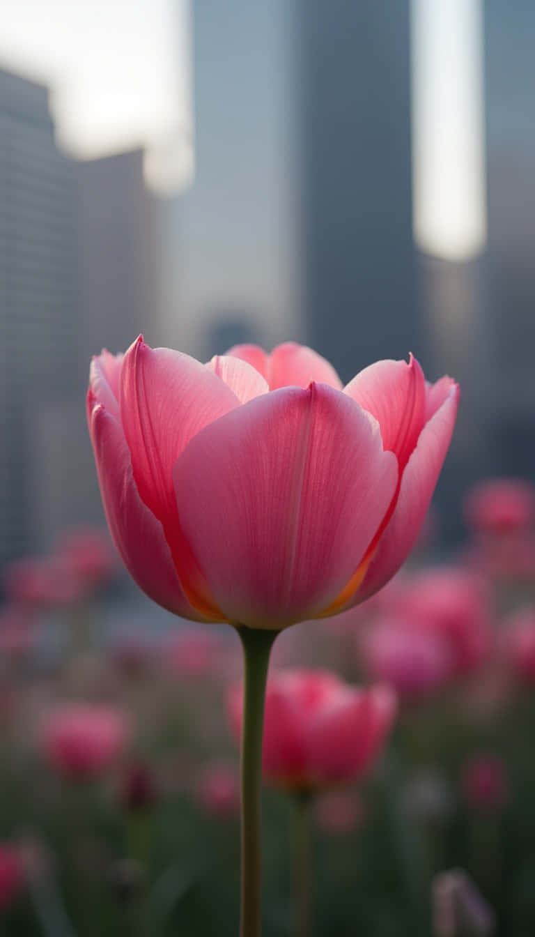 Flower 壁紙 — 一朵鮮豔的粉紅色鬱金香在柔和模糊的城市天際線背景下清晰綻放。