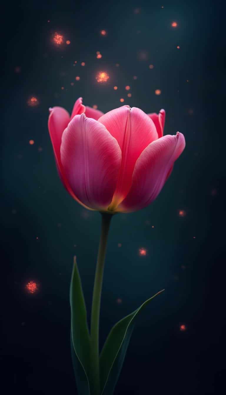 Flower 壁紙 — 一朵鮮豔的粉紅色鬱金香在深藍綠色背景上盛開，背景點綴著發光的橙色粒子。