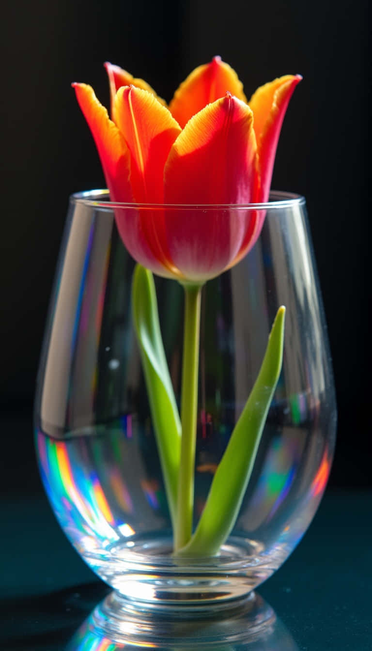 Flower 壁紙 — 一朵鮮豔的紅橙色鬱金香在透明玻璃花瓶中盛開，表面有彩虹光折射。