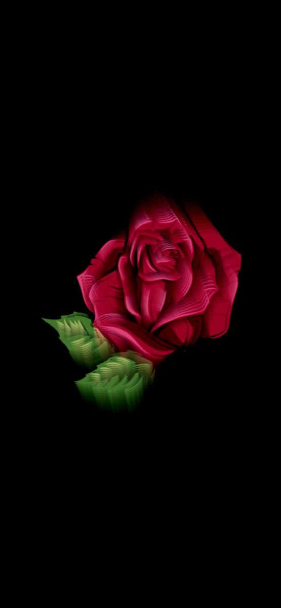 Cool Rose 桌布 壁紙 — 一朵鮮豔的紅玫瑰，帶有發光的綠葉，在純黑色背景下顯得格外突出。