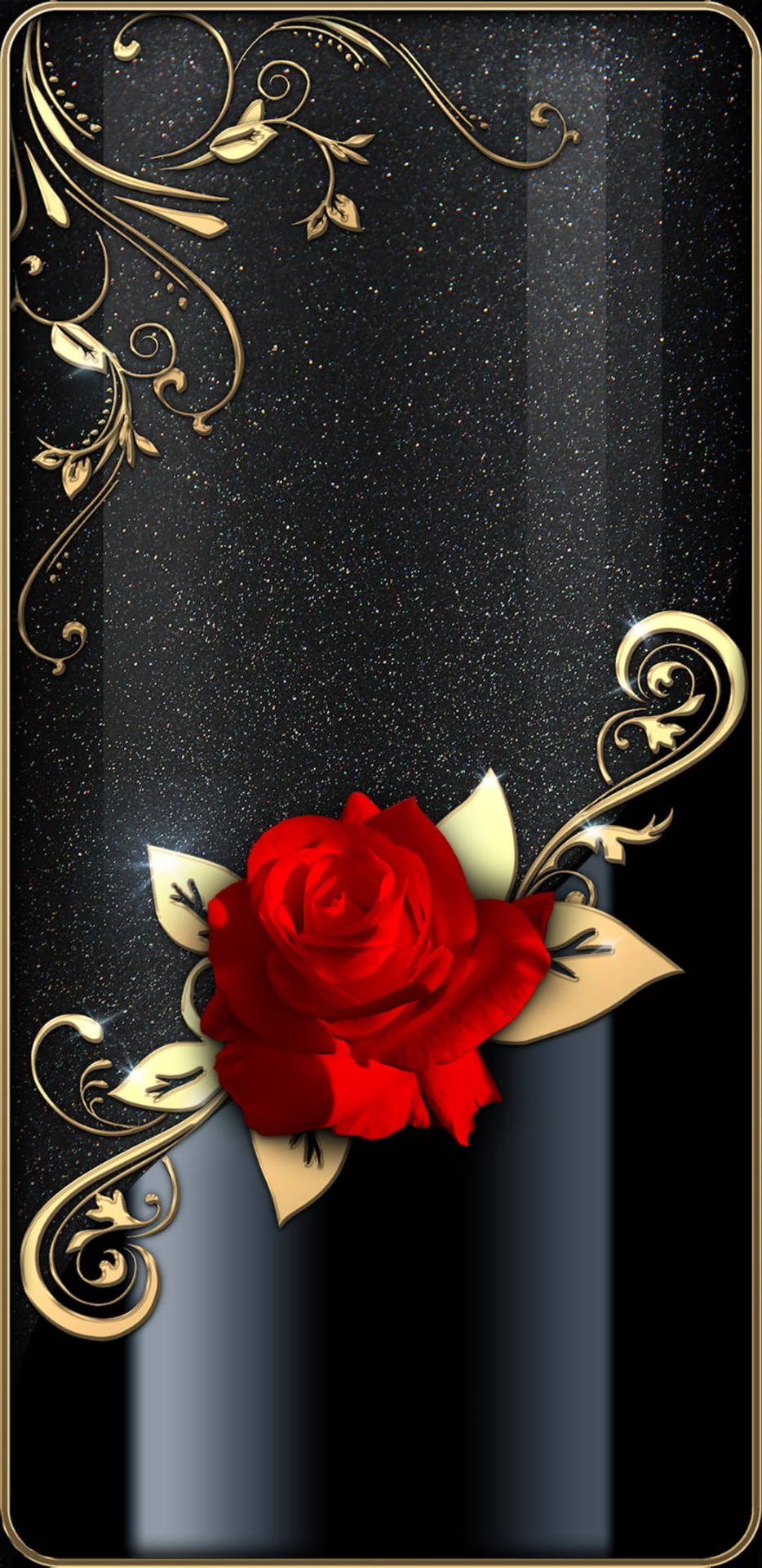 Rose Flower 桌布 壁紙 — 一朵鮮豔的紅玫瑰，帶有金色葉子和旋轉的細絲裝飾，點綴在帶有垂直光條的閃亮黑色背景上。