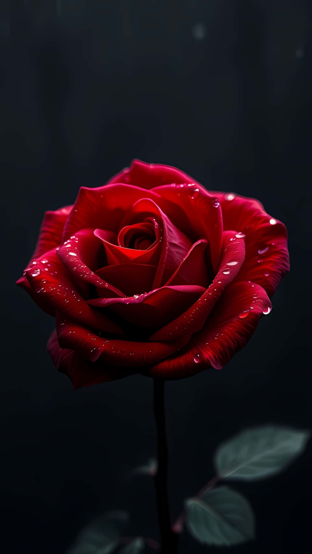Elegant Red Rose with Water Droplets 壁紙 — 一朵鮮豔的紅玫瑰，帶有閃閃發光的水珠，在深黑色背景上綻放。