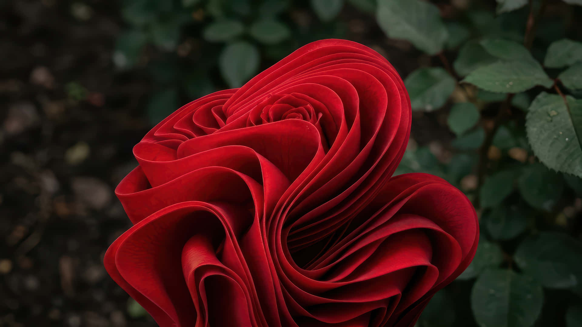 Red rose bloom modded wallpaper for desktop Enhancement 壁紙 — 一朵鮮豔的紅玫瑰，花瓣層層疊疊，在柔焦的綠葉和深色泥土背景中綻放。