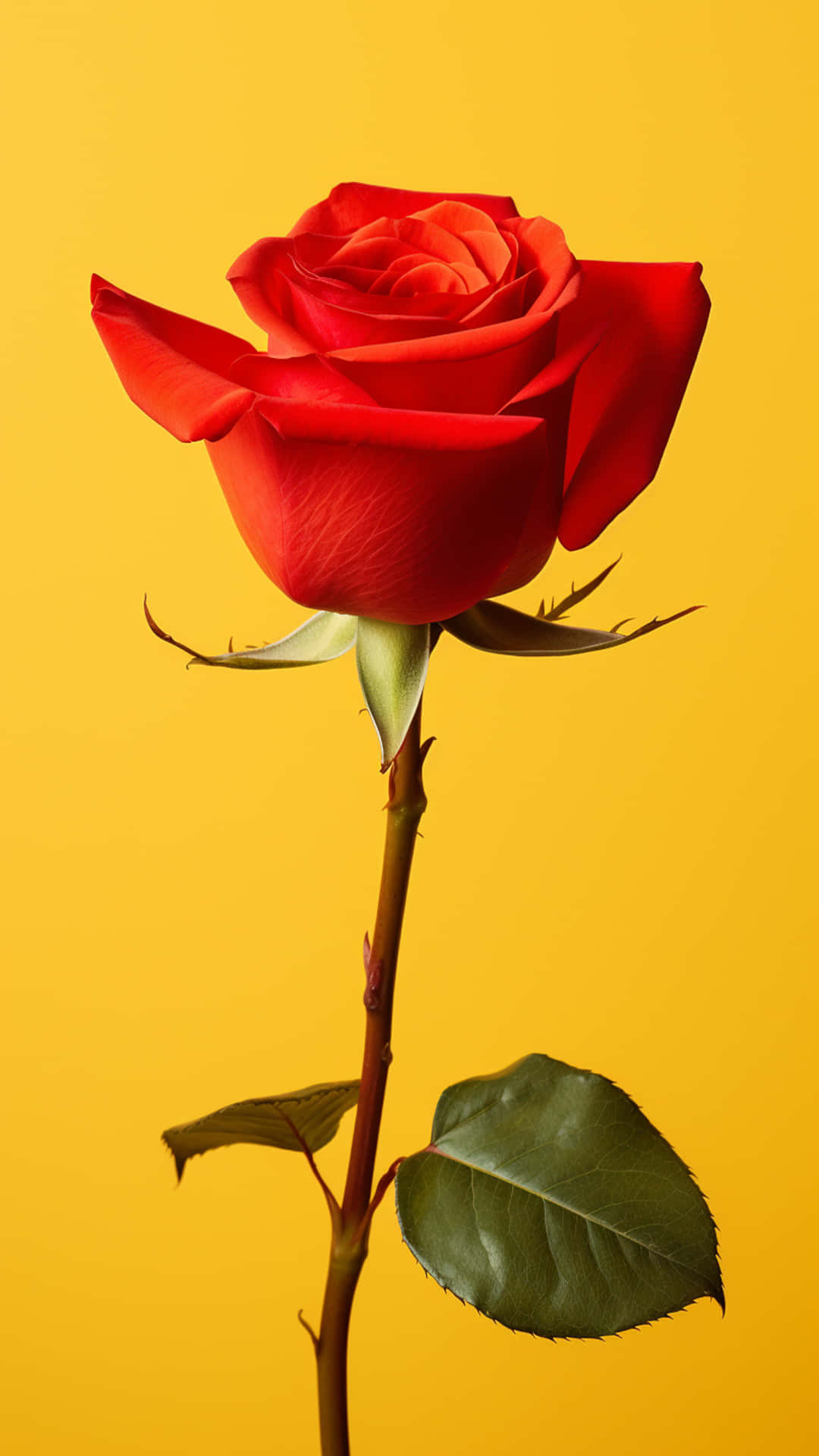red rose and yellow background mobile wallpaper 壁紙 — 一朵鮮豔的紅玫瑰，花瓣豐滿，綠葉襯托，在純金黃色背景上高高聳立。