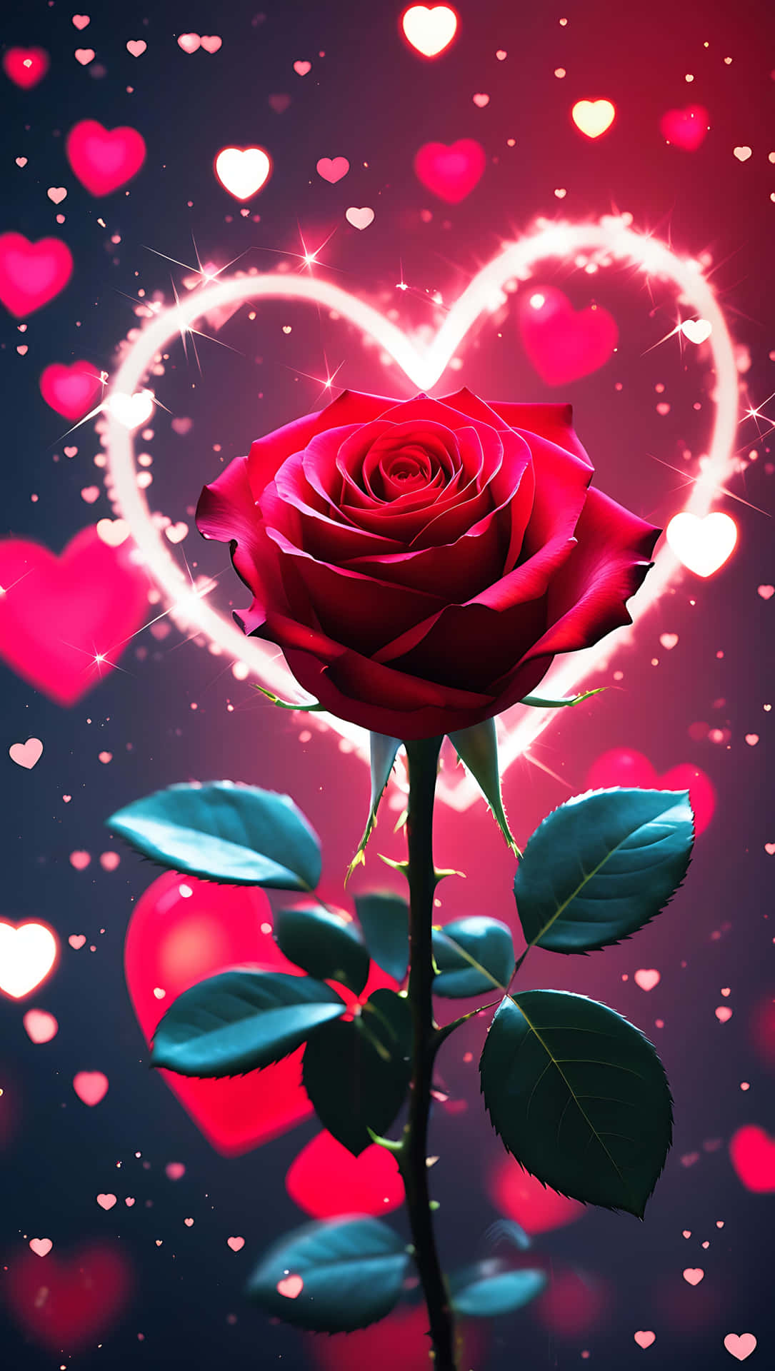 Red Rose and Sparkle Hearts – Romantic Love Wallpaper for Phones 壁紙 — 一朵鮮豔的紅玫瑰在中央盛開，帶有發光的心形輪廓和漂浮的粉紅色心形，背景為深色漸變。