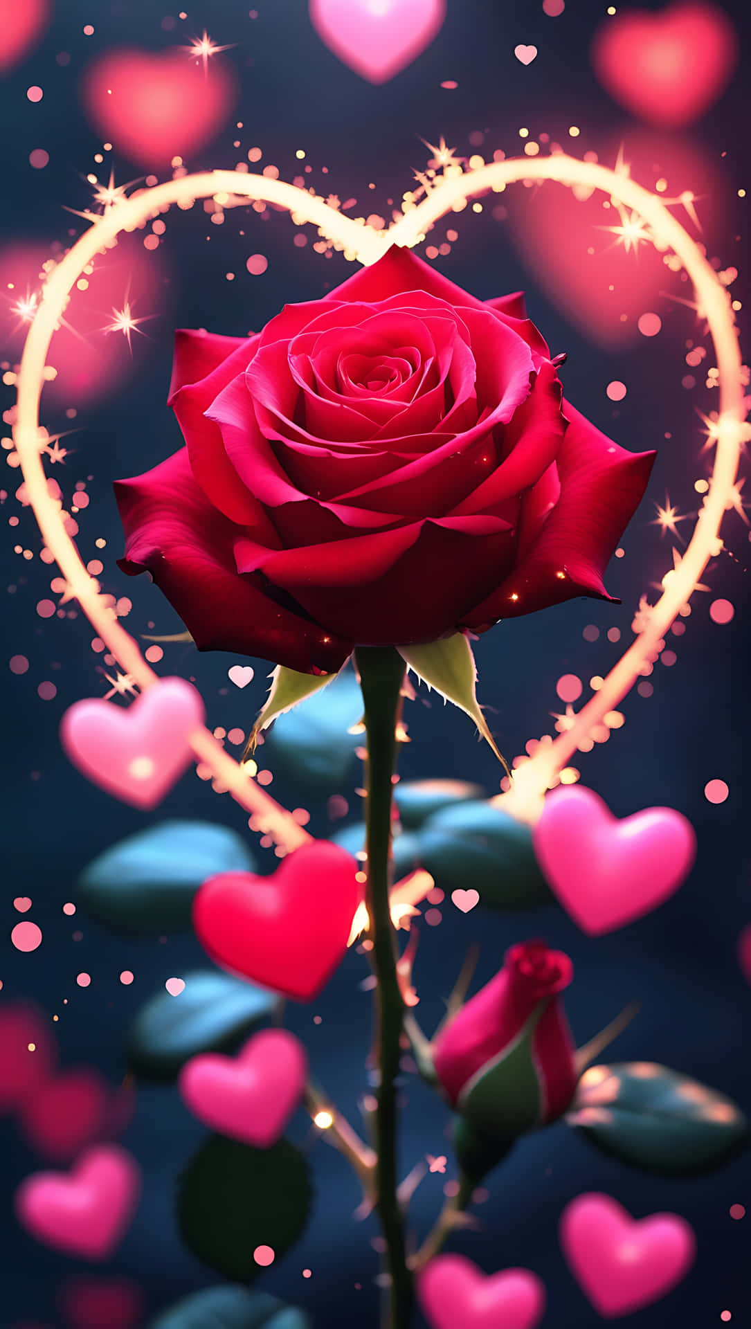 Red Rose and Sparkle Hearts – Romantic Love Wallpaper for Phones 壁紙 — 一朵鮮豔的紅玫瑰在中央盛開，被一個發光的金色心形和漂浮的粉紅色心形環繞，背景為深藍色。