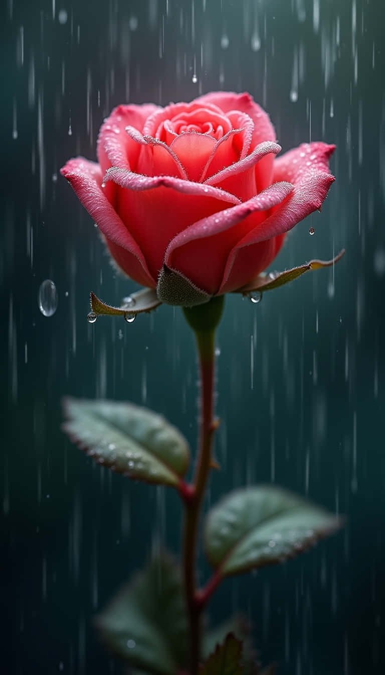 Flower 壁紙 — 一朵鮮豔的紅玫瑰在傾盆大雨中 defiantly 綻放，花瓣和葉子上有閃閃發光的水珠，背景陰暗而富有情調。