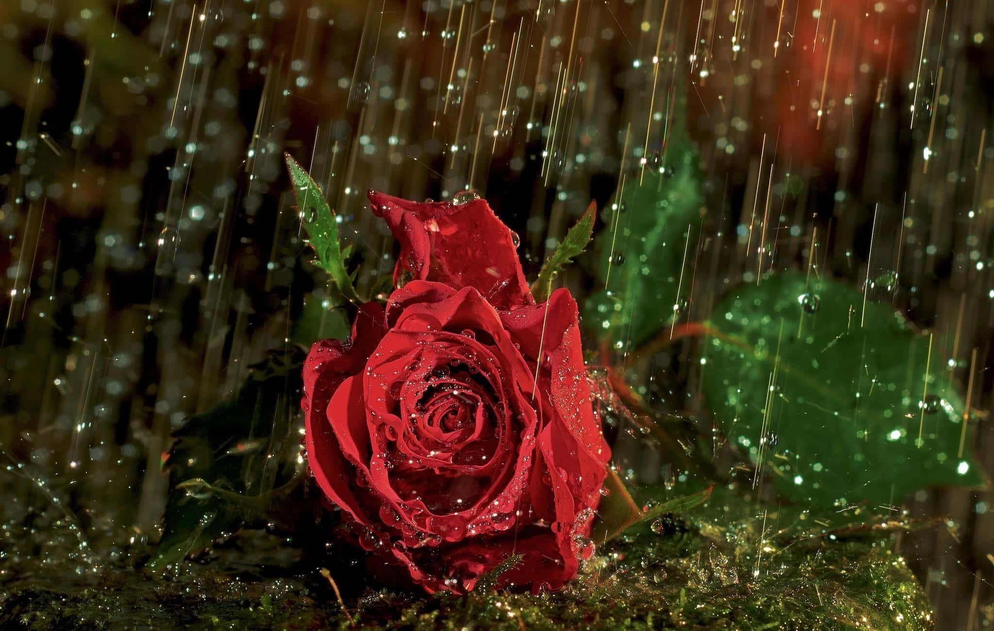 Rose In Rain 桌布 壁紙 — 一朵鮮豔的紅玫瑰在帶有金色條紋的黑暗模糊背景上閃爍著雨滴。