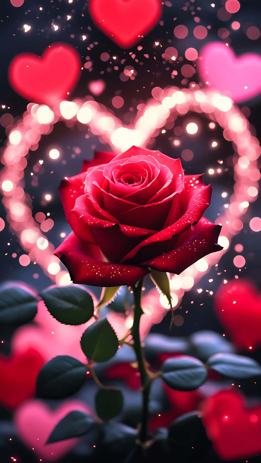 Red Rose and Sparkle Hearts – Romantic Love Wallpaper for Phones 壁紙 — 一朵鮮豔的紅玫瑰在裝飾著發光心形散景燈光的黑暗背景下閃爍著露珠。