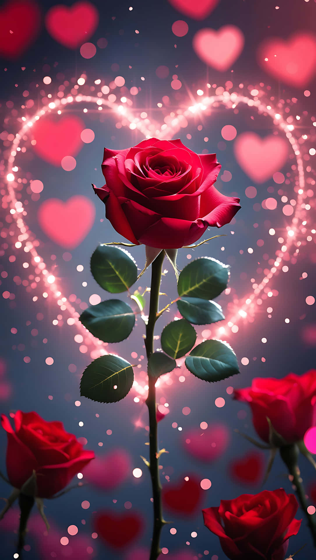 Red Rose and Sparkle Hearts – Romantic Love Wallpaper for Phones 壁紙 — 一朵鮮豔的紅玫瑰在閃爍的心形和閃亮燈光的夢幻背景下高高聳立。