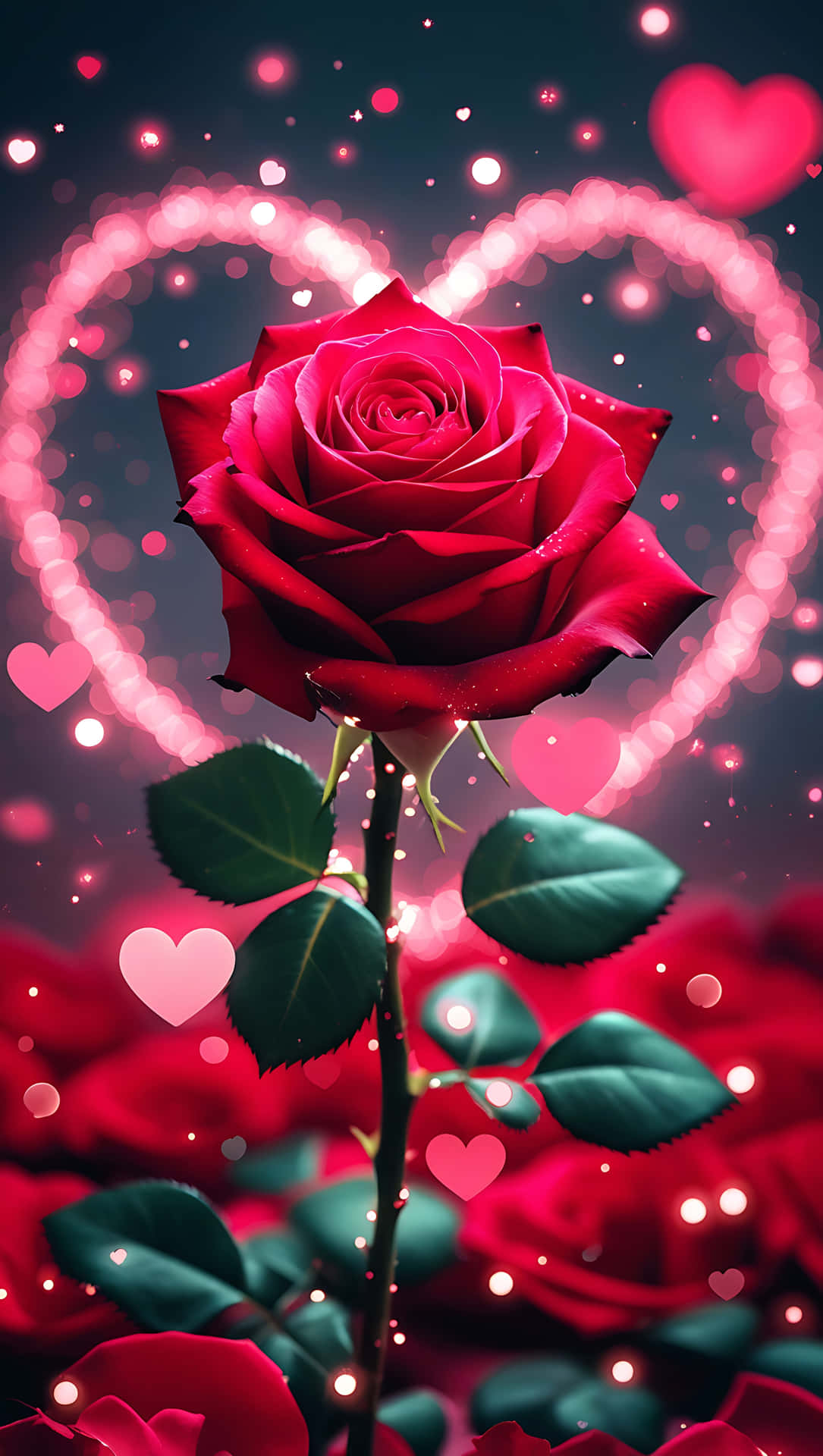 Red Rose and Sparkle Hearts – Romantic Love Wallpaper for Phones 壁紙 — 一朵鮮豔的紅玫瑰在黑暗背景下傲然挺立，背景點綴著發光的粉紅心形和散景燈光。