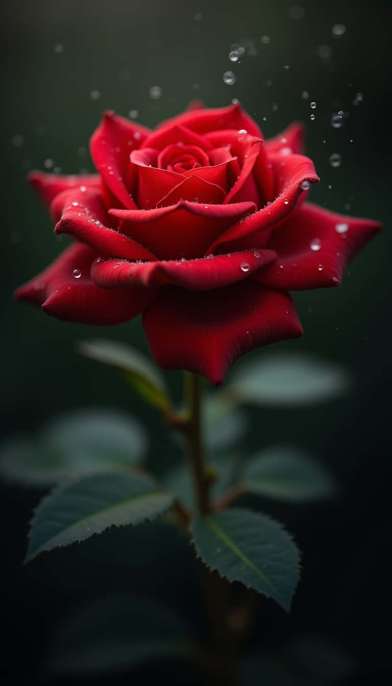 Flower 壁紙 — 一朵鮮豔的紅玫瑰帶有露珠，在黑暗模糊的背景中閃爍，並有漂浮的水滴。
