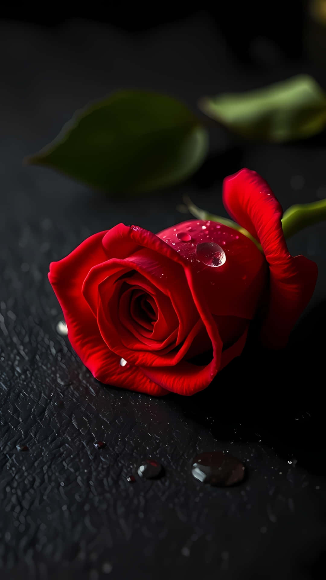 Red Rose with Water Droplets on Black Surface 壁紙 — 一朵鮮豔的紅玫瑰帶有露珠，放在深色紋理表面上，背景有模糊的綠葉。