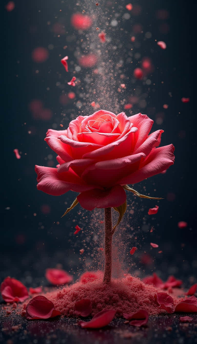 Flower 壁紙 — 一朵鮮豔的紅玫瑰從一堆自己掉落的花瓣中綻放，背景為深色。