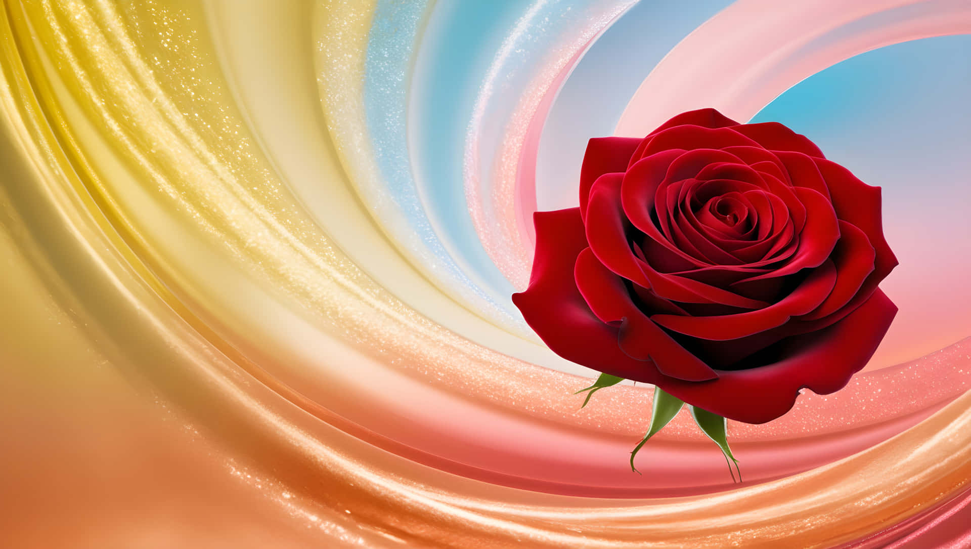 Red Rose with abstract background 壁紙 — 一朵鮮豔的紅玫瑰漂浮在旋轉的金色、藍色和粉紅色絲帶上，帶有閃閃發光的高光。