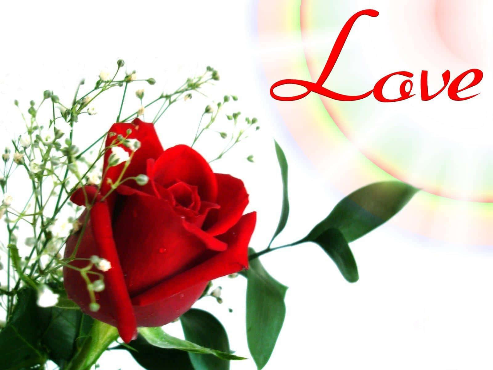 Valentines 桌布 壁紙 — 一朵鮮豔的紅玫瑰與滿天星在柔和的彩虹色背景上，在流暢書寫的「Love」字樣旁邊盛開。