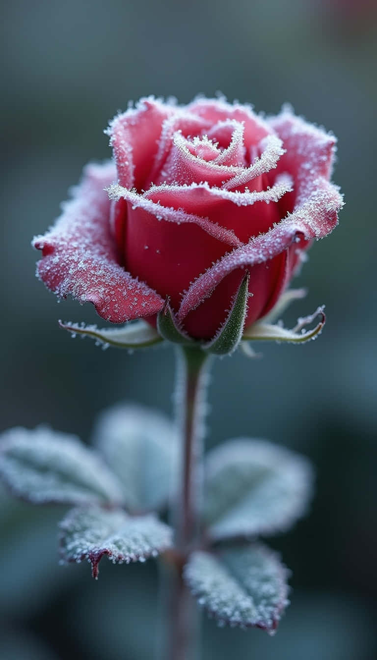 Flower 壁紙 — 一朵鮮豔的紅玫瑰覆蓋著細緻的霜，高高聳立在柔和模糊的背景前。