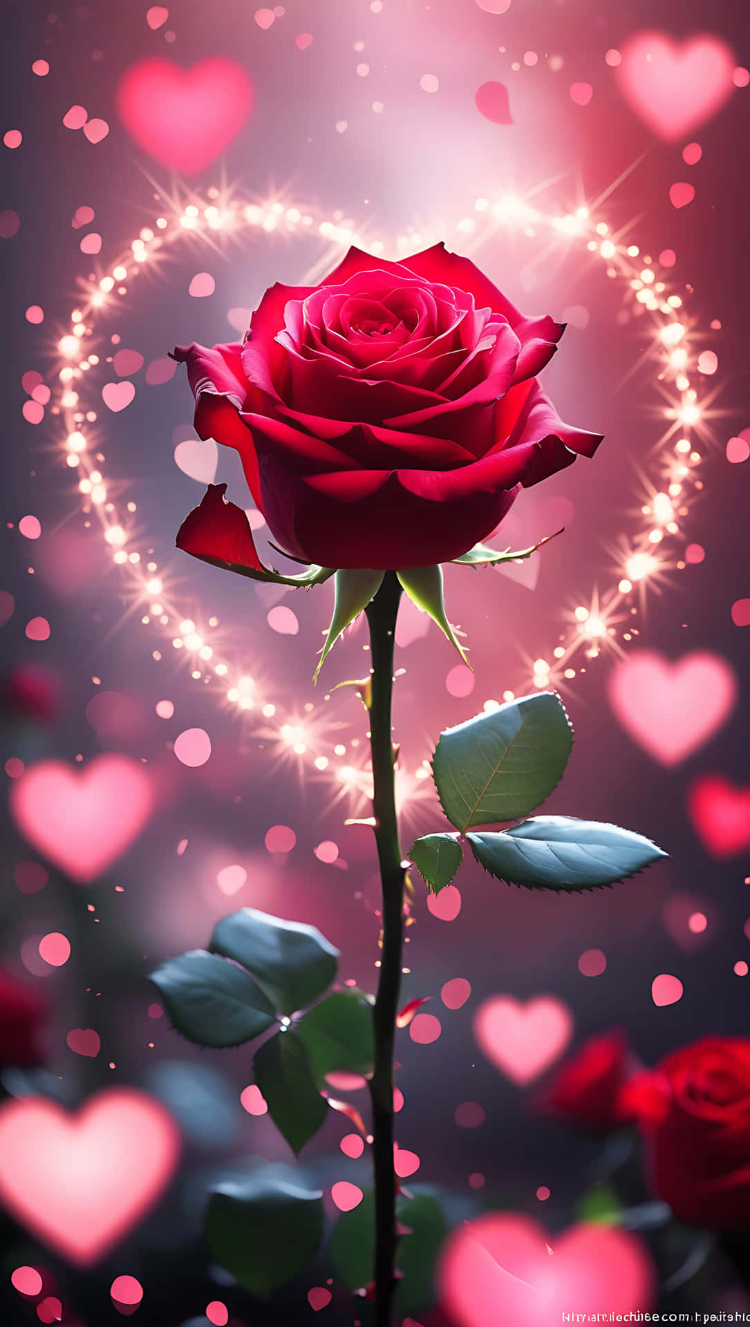 Red Rose and Sparkle Hearts – Romantic Love Wallpaper for Phones 壁紙 — 一朵鮮豔的紅玫瑰高高聳立在夢幻般的粉紅色背景上，背景點綴著發光的愛心和閃爍的燈光。