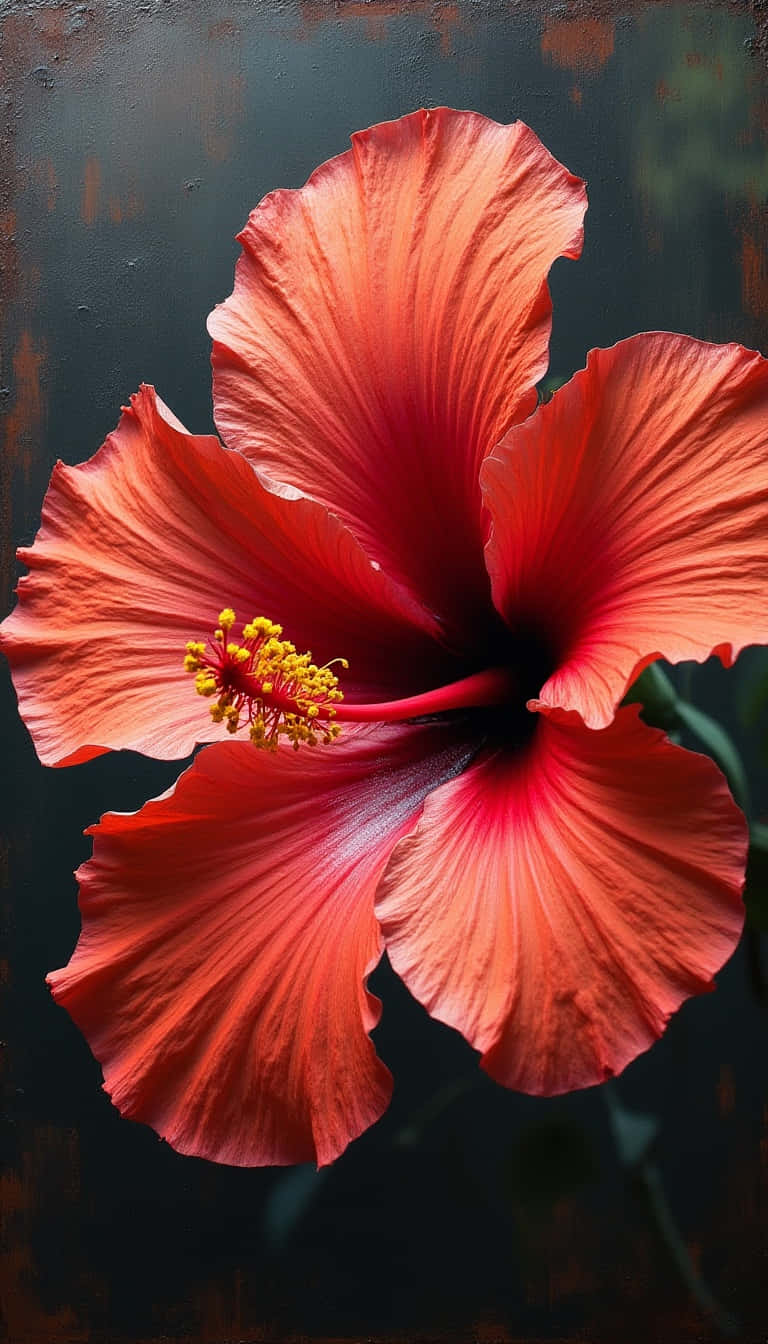 Flower 壁紙 — 一朵鮮豔的紅色木槿花，帶有黃色雄蕊，在深色紋理背景上綻放。