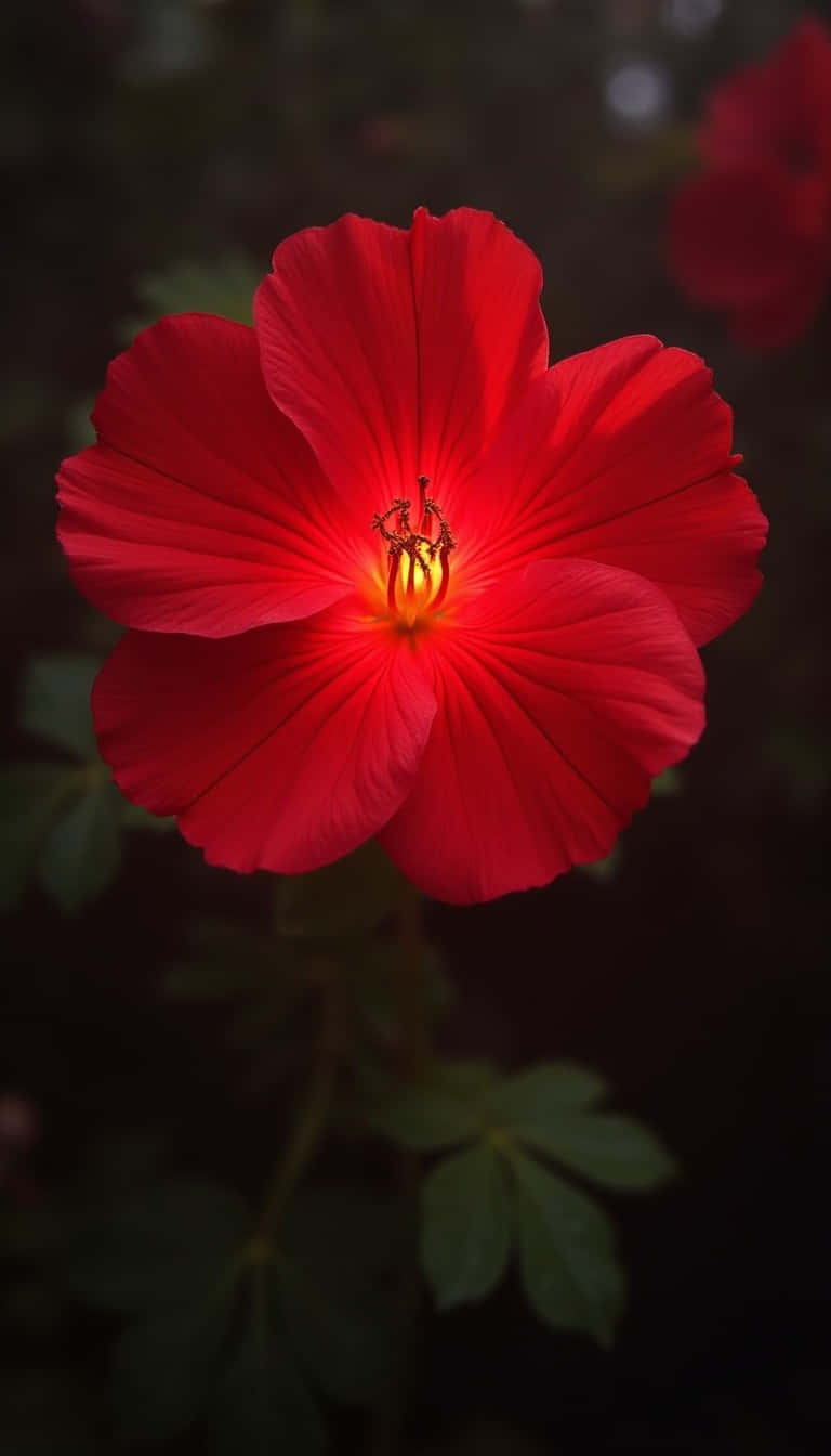 Flower 壁紙 — 一朵鮮豔的紅色木槿花在綠色葉子的深色模糊背景下，散發著溫暖的黃色花心光芒。