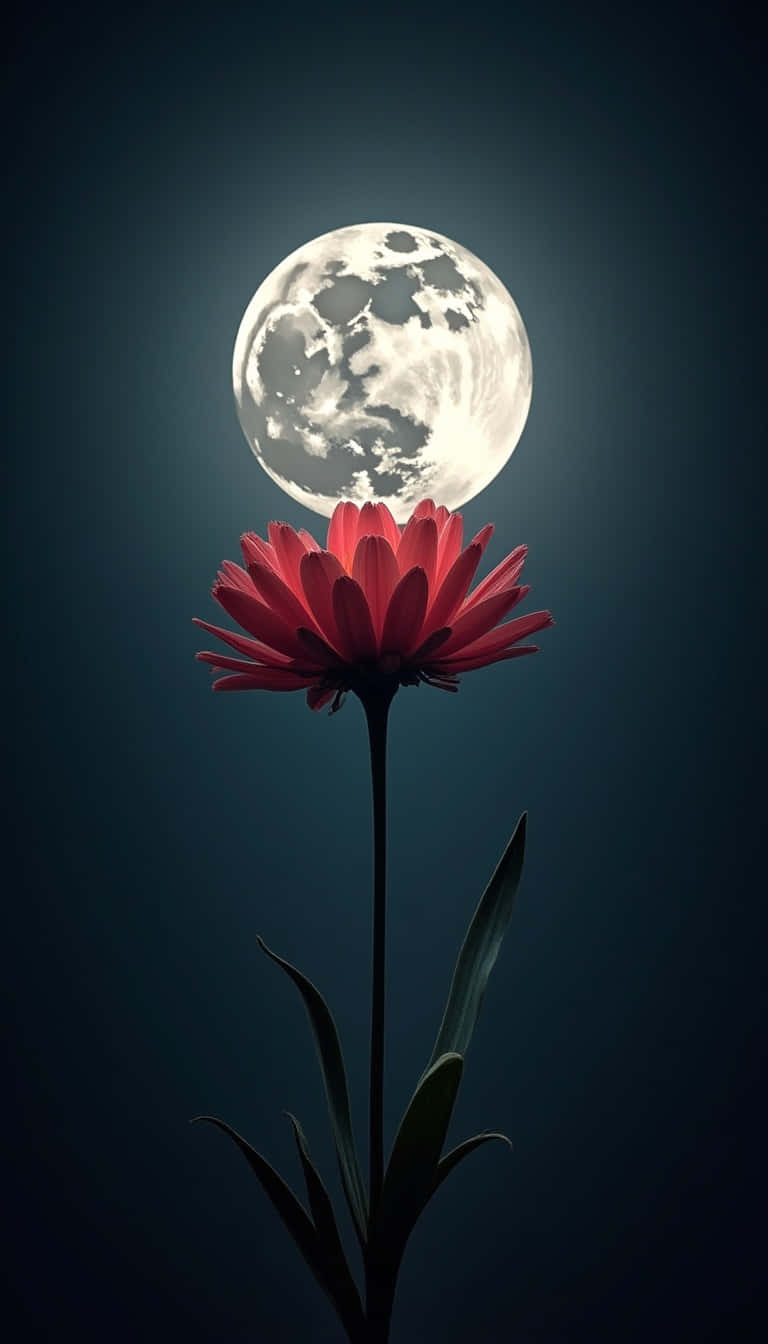 Flower 壁紙 — 一朵鮮豔的紅花在明亮的滿月下綻放，背景是深靛藍色的夜空。