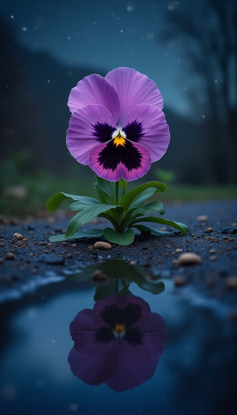 Flower 壁紙 — 一朵鮮豔的紫色三色堇，中心深色，在雨滴中綻放於潮濕的瀝青上，在暮色天空下反射出其鮮豔的色彩。