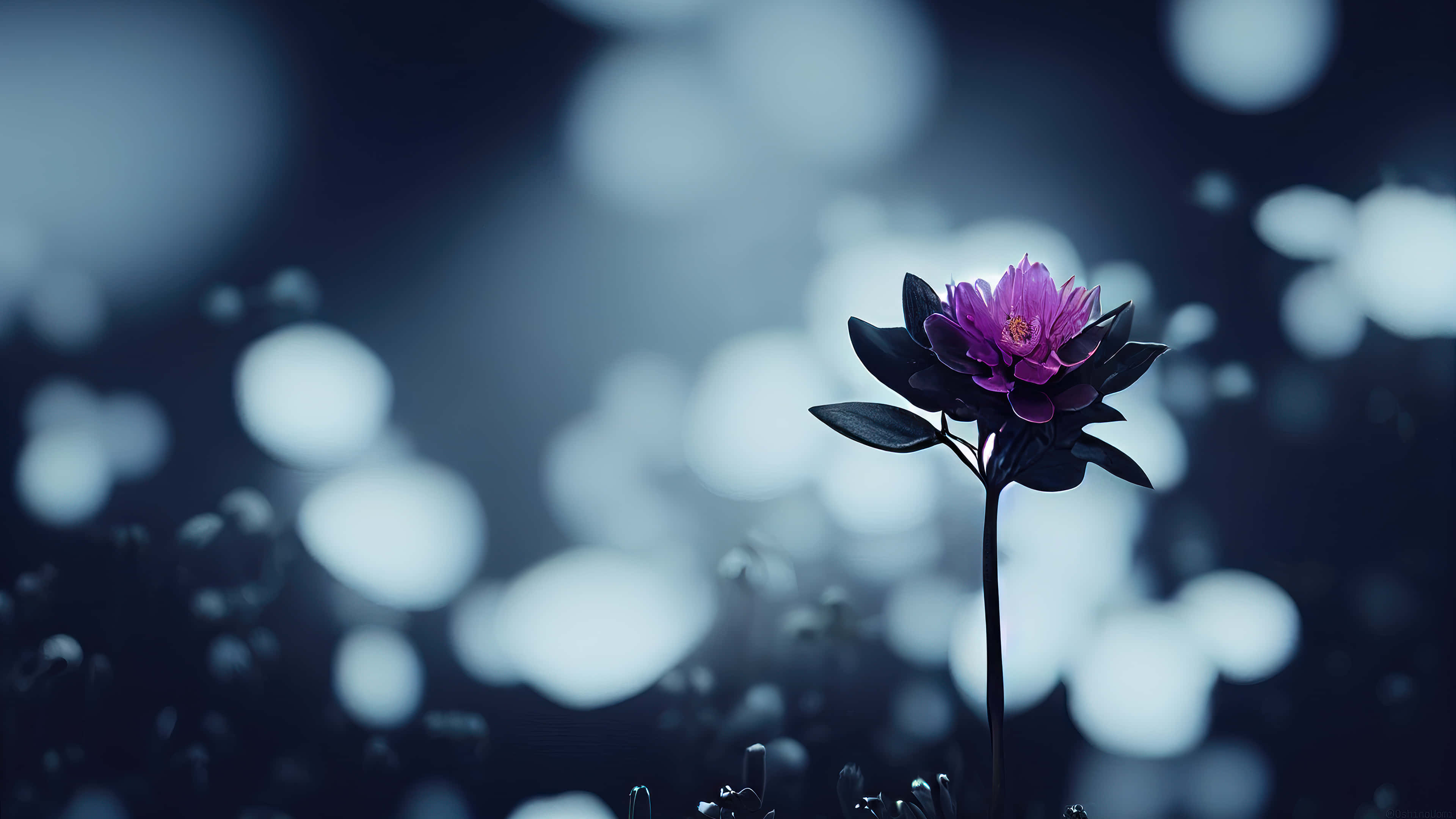 3840x2160 動態圖片 桌布 壁紙 — 一朵鮮豔的紫色花朵，深色葉子，在夢幻般的藍色散景背景下高高聳立。
