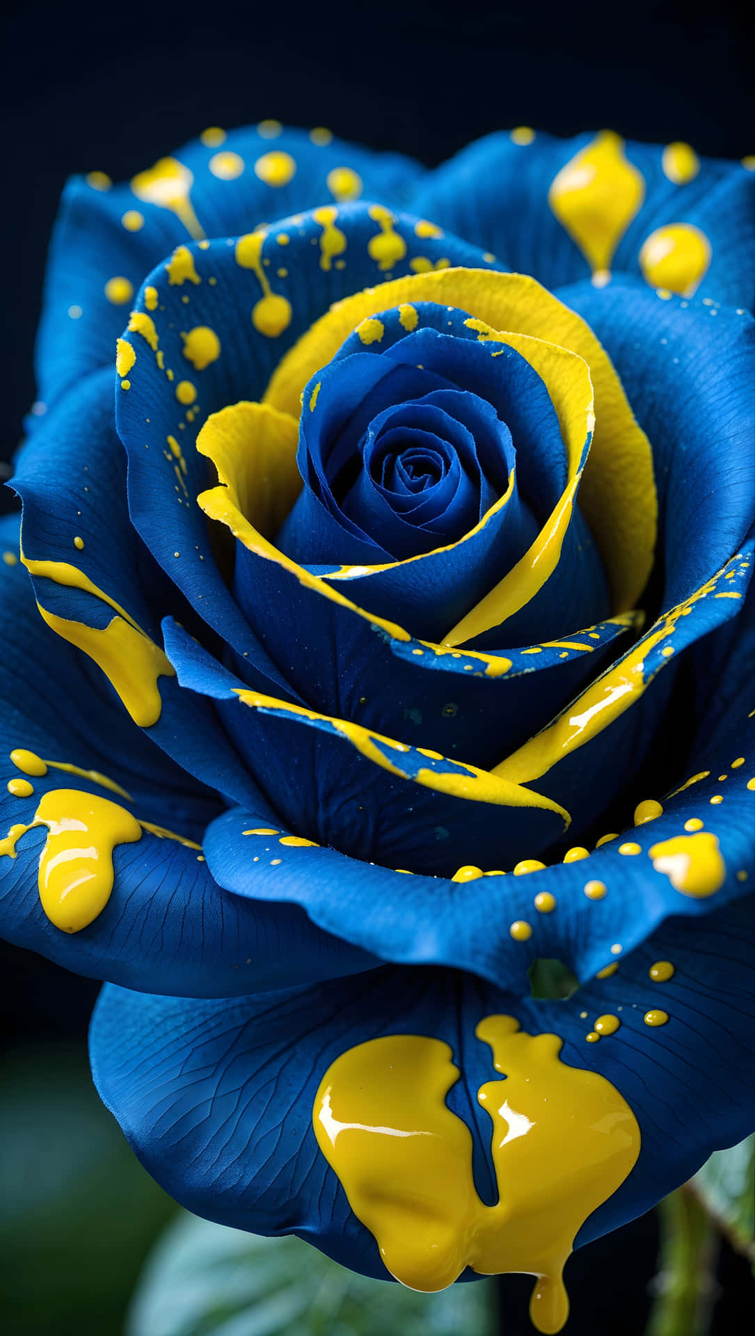 Blue Rose with Yellow Paint 壁紙 — 一朵鮮豔的藍玫瑰，花瓣上有光澤的黃色油漆滴和飛濺，背景為深色。