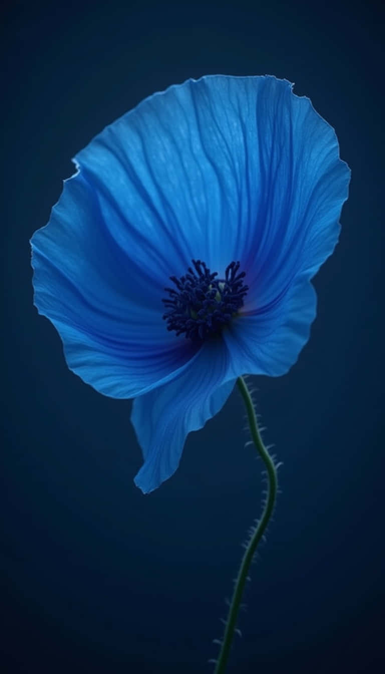 Flower 壁紙 — 一朵鮮豔的藍色罌粟花在深海軍藍背景下綻放，花瓣細膩，中心深色。