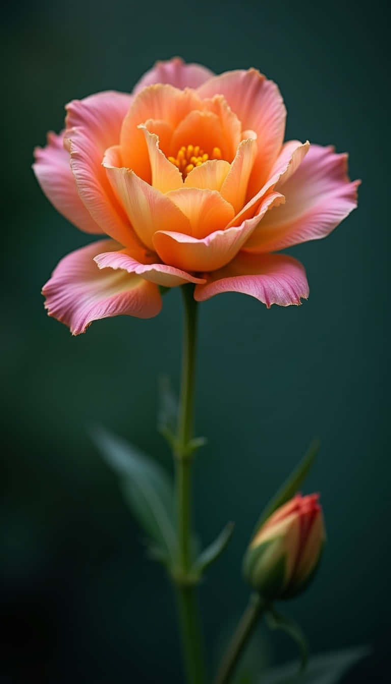 Flower 壁紙 — 一朵鮮豔的蜜桃玫瑰，帶有精緻層層疊疊的花瓣和黃色花心，在深綠色模糊的背景中盛開。