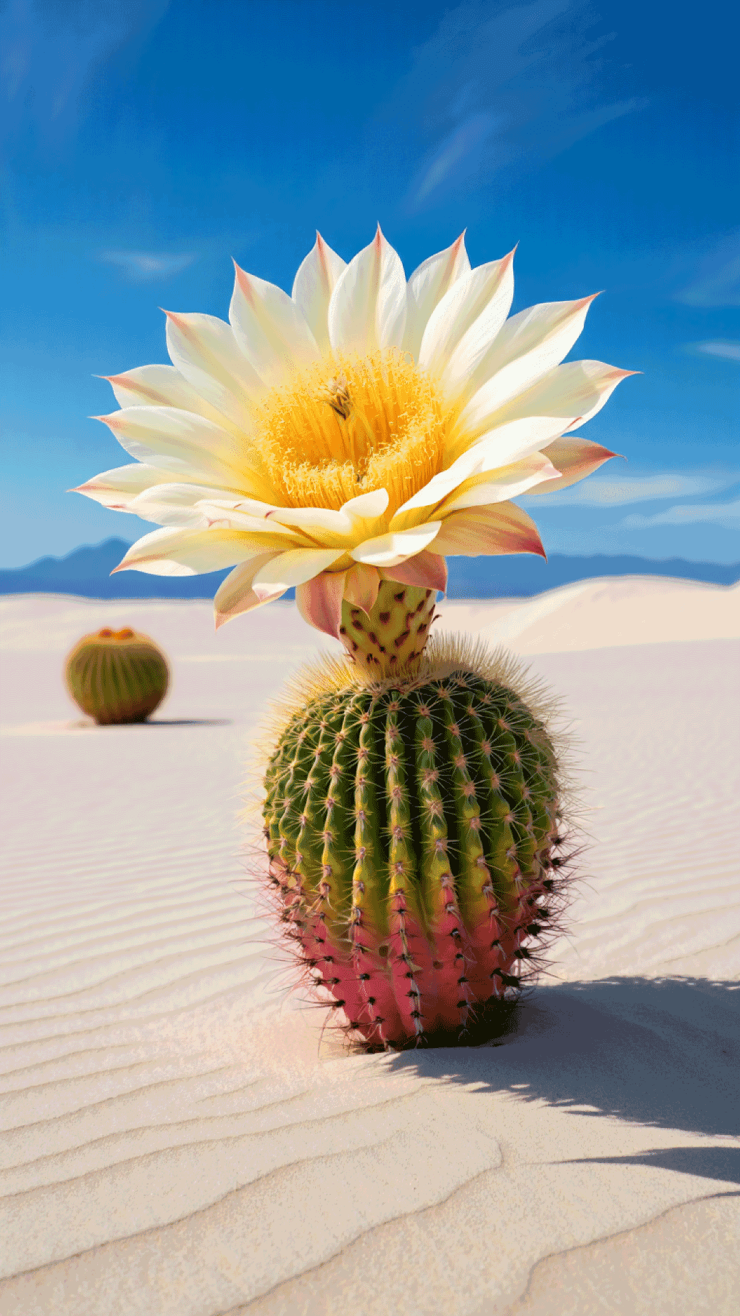Cactus Flower 桌布 壁紙 — 一朵鮮豔的黃白相間仙人掌花在藍天白雲下的白沙沙漠中，綻放在綠色多刺的仙人掌頂端。